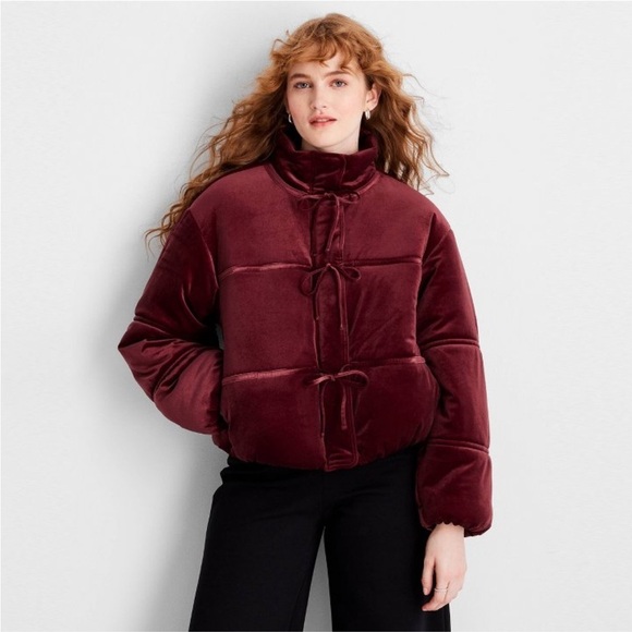 Jackets & Blazers - Women's Holiday Velvet Bow-Tie Puffer Jacket - Future Collective Burgundy XL